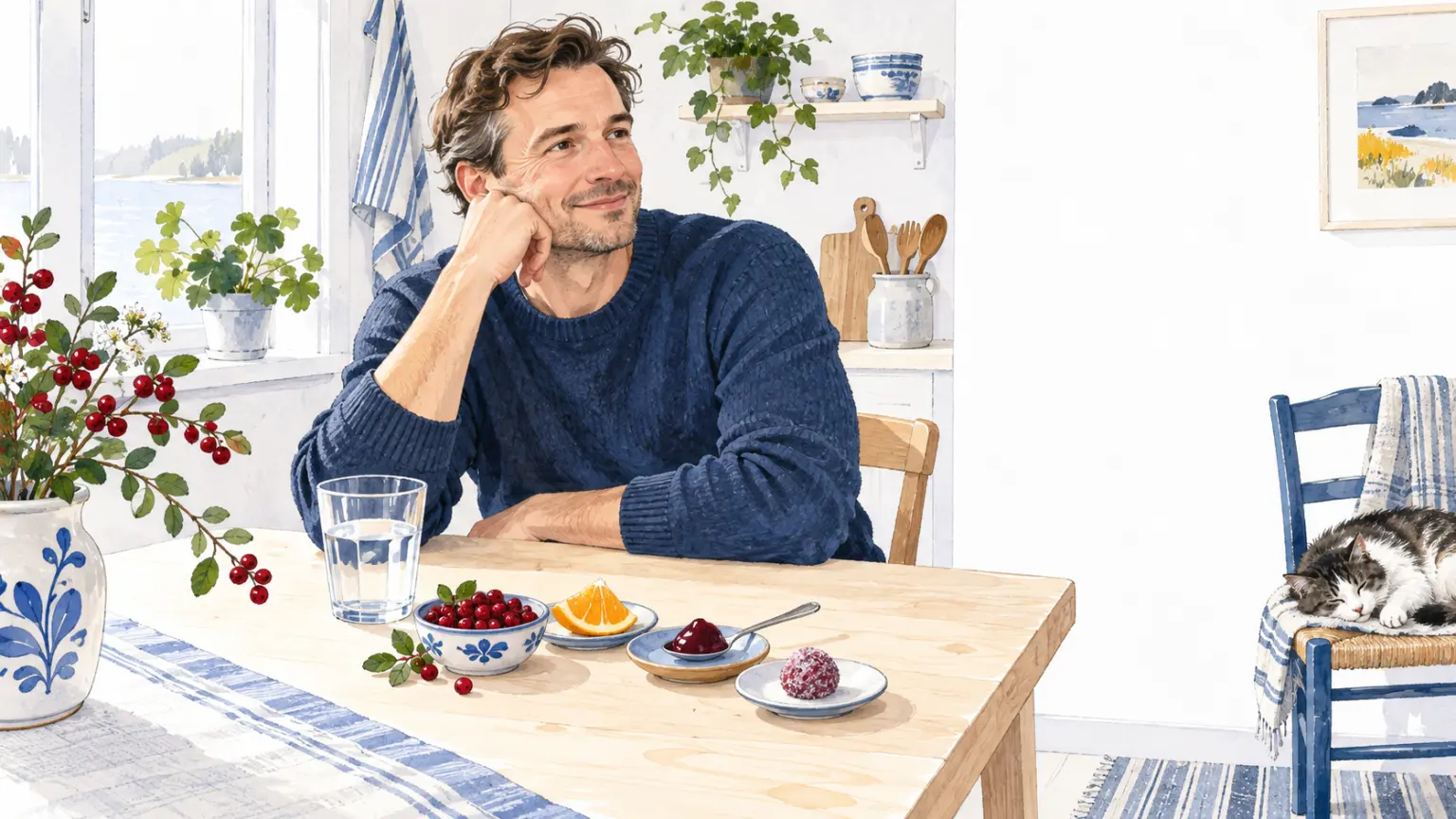 En avslappnad man vid ett svenskt köksbord med diskreta bär- och citrusdetaljer som antyder smak och enkel användning.