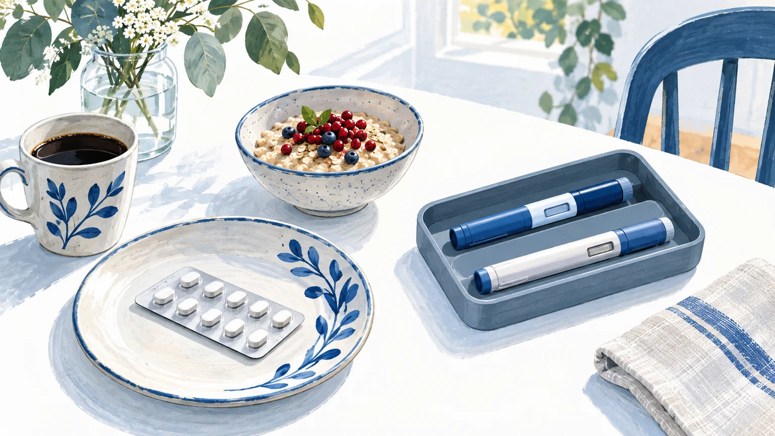 En oetiketterad tablettförpackning och två tydligt separata injektionspennor på ett ljust köksbord bredvid en frukostskål som antyder vardagsrutinen.